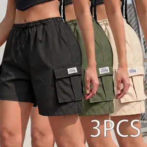 1 pack (3 pieces): women’s summer cargo casual shorts with multiple pockets and a drawstring waist; black slim-fit aesthetic style; green military-style denim shorts