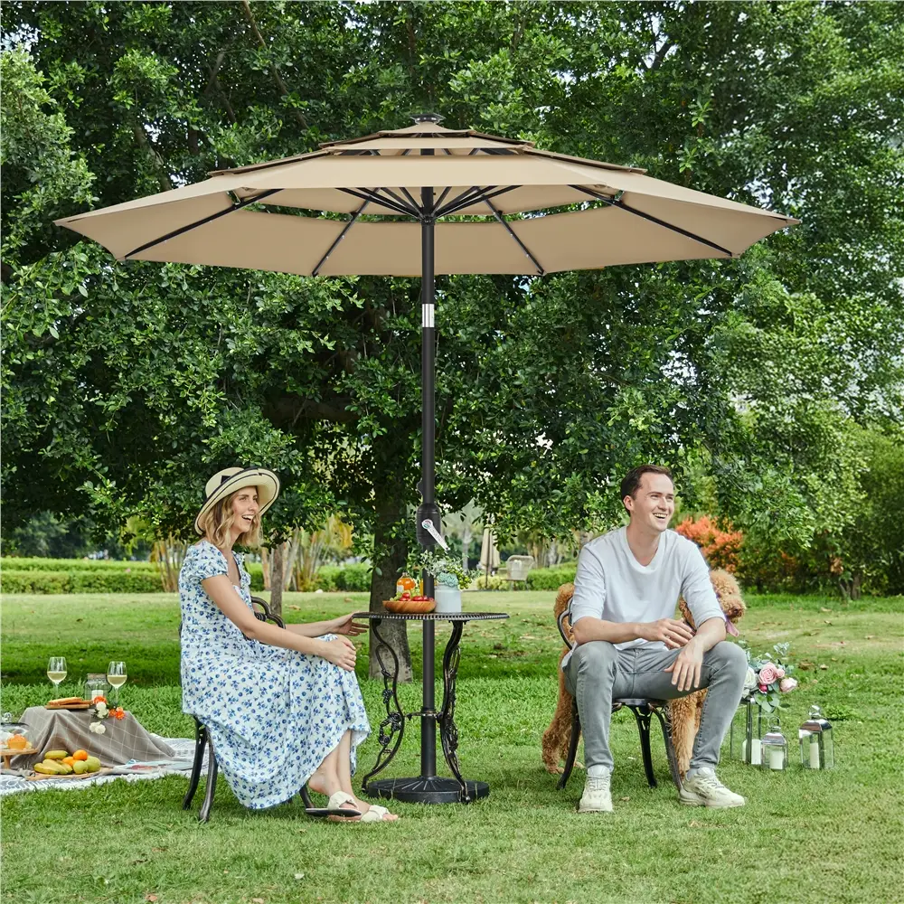 【Solar LED Lights 3 Tier 】Yaheetech 10ft Patio Umbrella Outdoor Vented Table Umbrella with 8 Sturdy Ribs and 24 Solar LED Lights, Base not Included