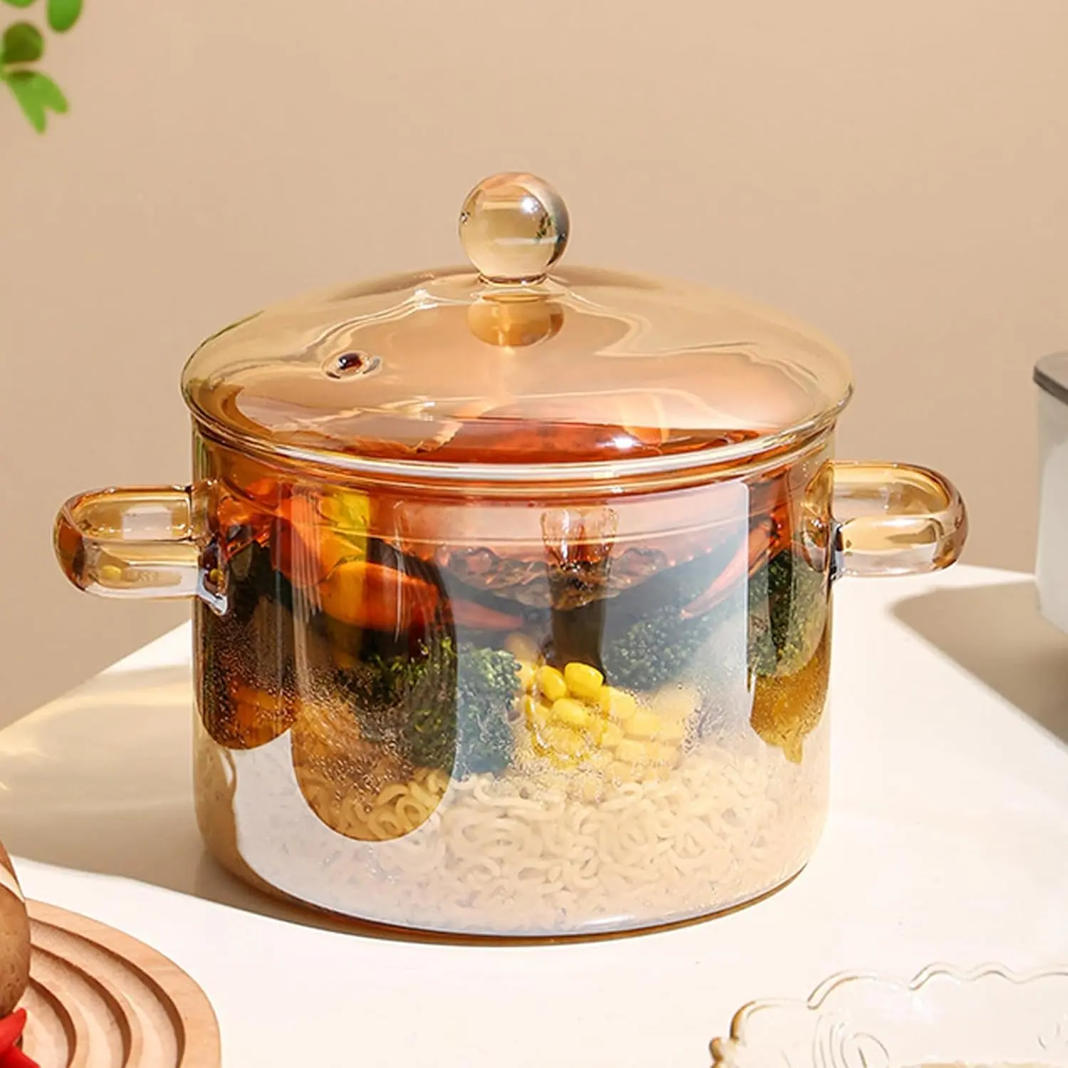 Ceramic Glass Slow Cooker with Lid, Suitable for Stovetop, 50ml Double Handle Saucepan, Safe for Stovetop Use, Suitable for Pasta, Noodles, Soup, Milk, Baby Food (Amber)