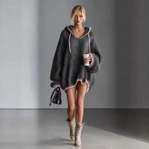 2025 Women's Fashion Color-Block Patchwork Sweater Long Sleeve Hooded Knitwear Sweatshirt Jacket