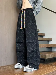 Men's Vintage Marble Print Corduroy Straight Leg Pants, Color Gradient Drawstring, Layered Design, Loose Comfort Fit, Street Style