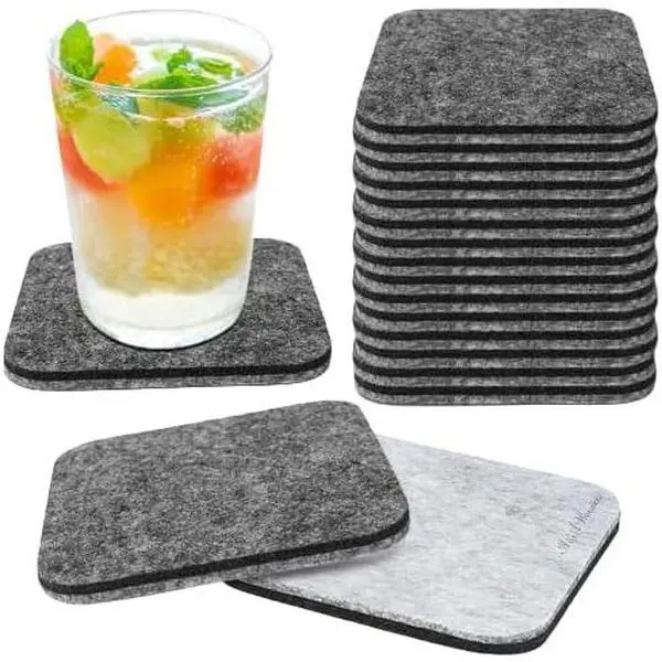 Felt Coasters for Drink, Two-Tone Reversible, Absorbent Felt Protects Furniture, Table, Anti Slip, Suitable for Drinks & All Table Types (Light Gray/Dark Gray, Square 18 Pack)