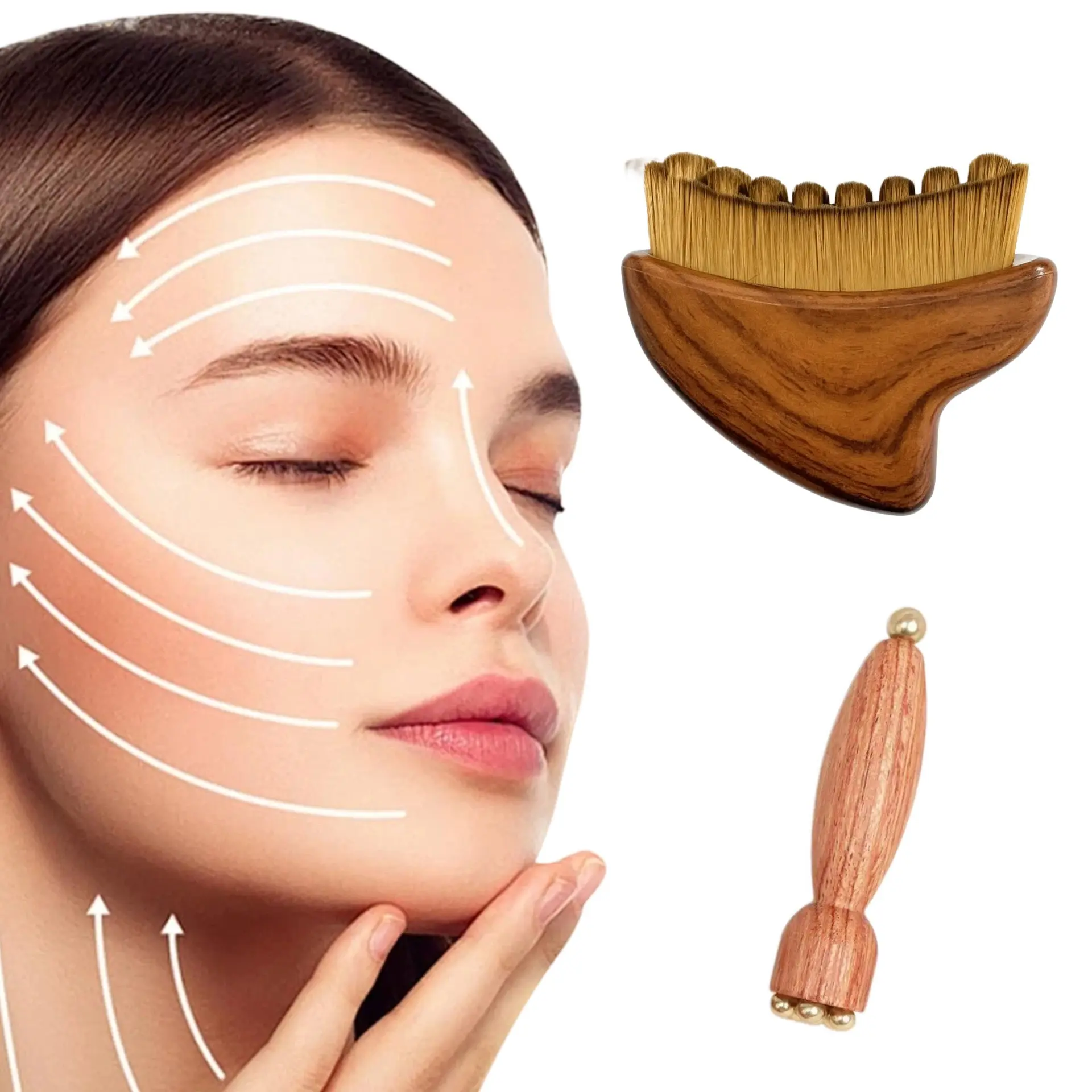 Brass Round Ball Facial Massage Set, Massage Rod Meridian Brush Combo, Eye Area Cheek Jawline Care Tool, Complete Facial Wellness Kit