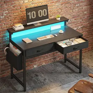 31.5"D Home Office Computer Desk, RGB LED Strip Lights Gaming Desk with Ergonomic Monitor Riser, 2 Foldable Fabric Drawers and Side Pocket, Compact Study Desk for Bedroom Apartment Small Space