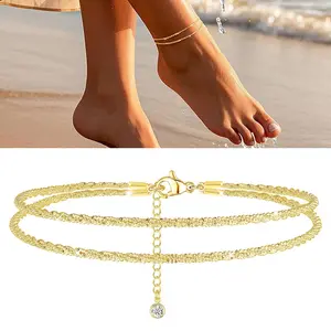Dainty 14K Gold Plated Anklet For Women, Adjustable & Waterproof  Non Tarnish Anklet Set Stackable Figaro Beaded Cuban Link Anklets, All-match & Exquisite Jewelry