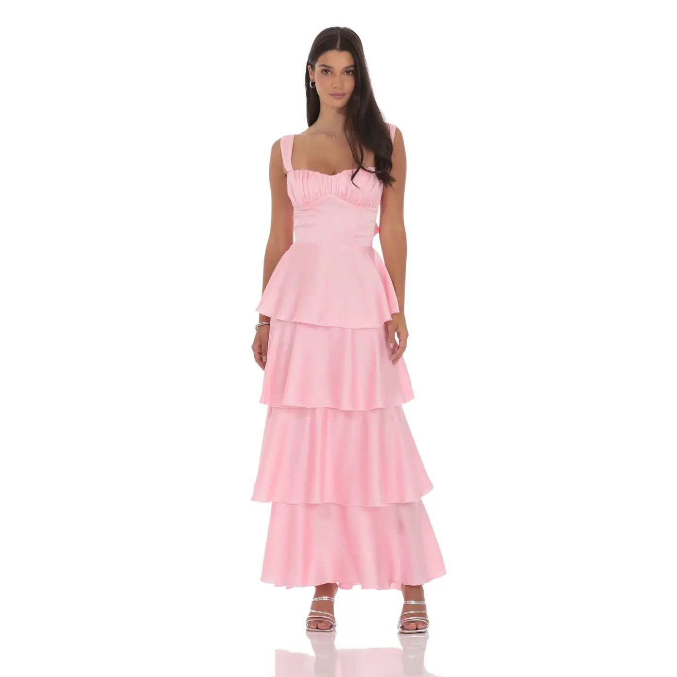 Lucy In The Sky Satin Ruffle Maxi Dress in Pink - TikTok Shop