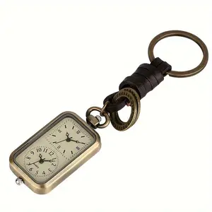 Vintage Quartz Pocket Watch with Dual Time Display Square Keychain Design Retro Style Yellow Gold Tone Chic for Gift