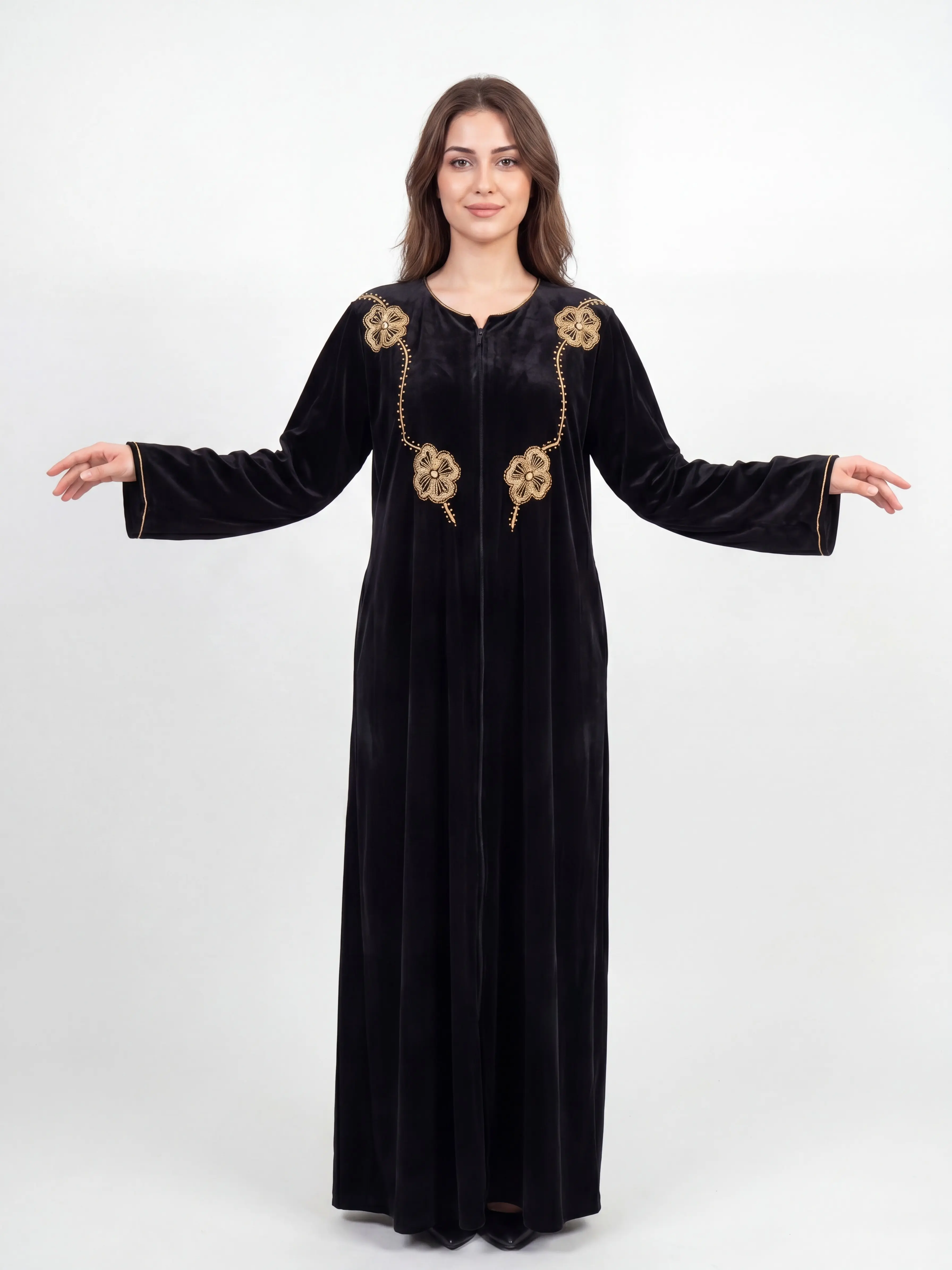 Women's Traditional Abaya Dress Set in Luxurious Velvet, Embroidered Gown with a Soft Velvet Drape for Eid & Ramadan