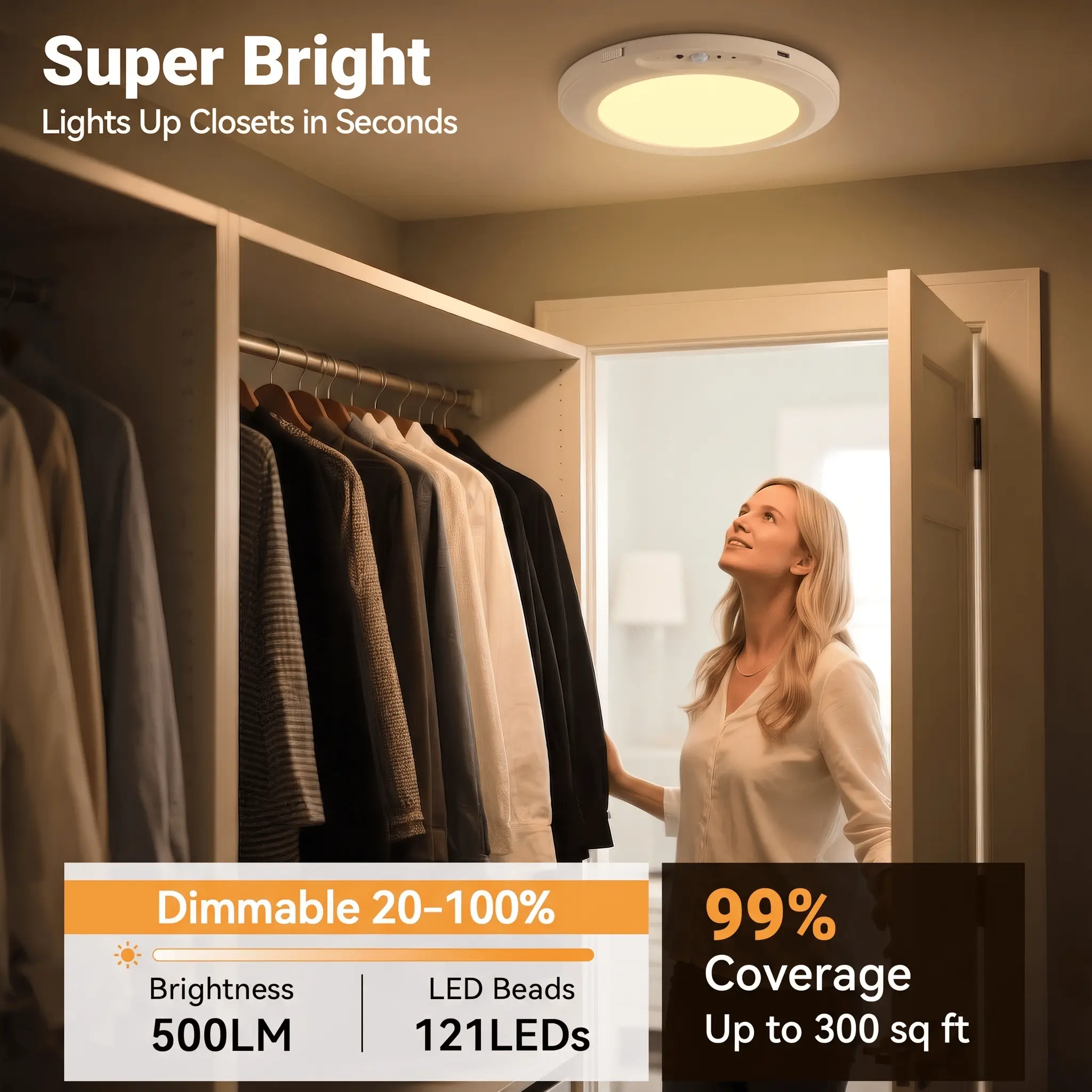 Modern Round Integrated LED Downlight - Rechargeable Motion Sensor Wireless Closet Light, No Wiring, Battery-Operated, Multicolor, Remote-Controlled for Bedroom Indoor Use