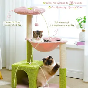 Pink and Blue Paradise: 36.6" Flower Cat Tree with Metal Frame Hammock, Sisal Scratching Posts, Blue Top Perch, and Fluffy Ball – Ideal Cat Condo for Small Indoor Cats and Kittens