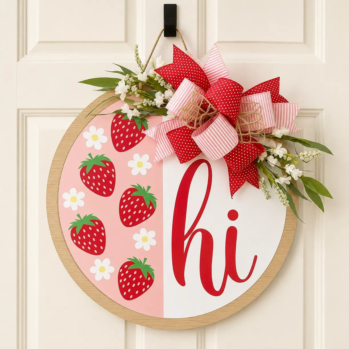 Strawberry Hi Daisy Bow Design Door Hanger, Wooden Hanging Sign, Spring Summer Front Door & Porch Decor, Welcome Gift for Any Occasion
