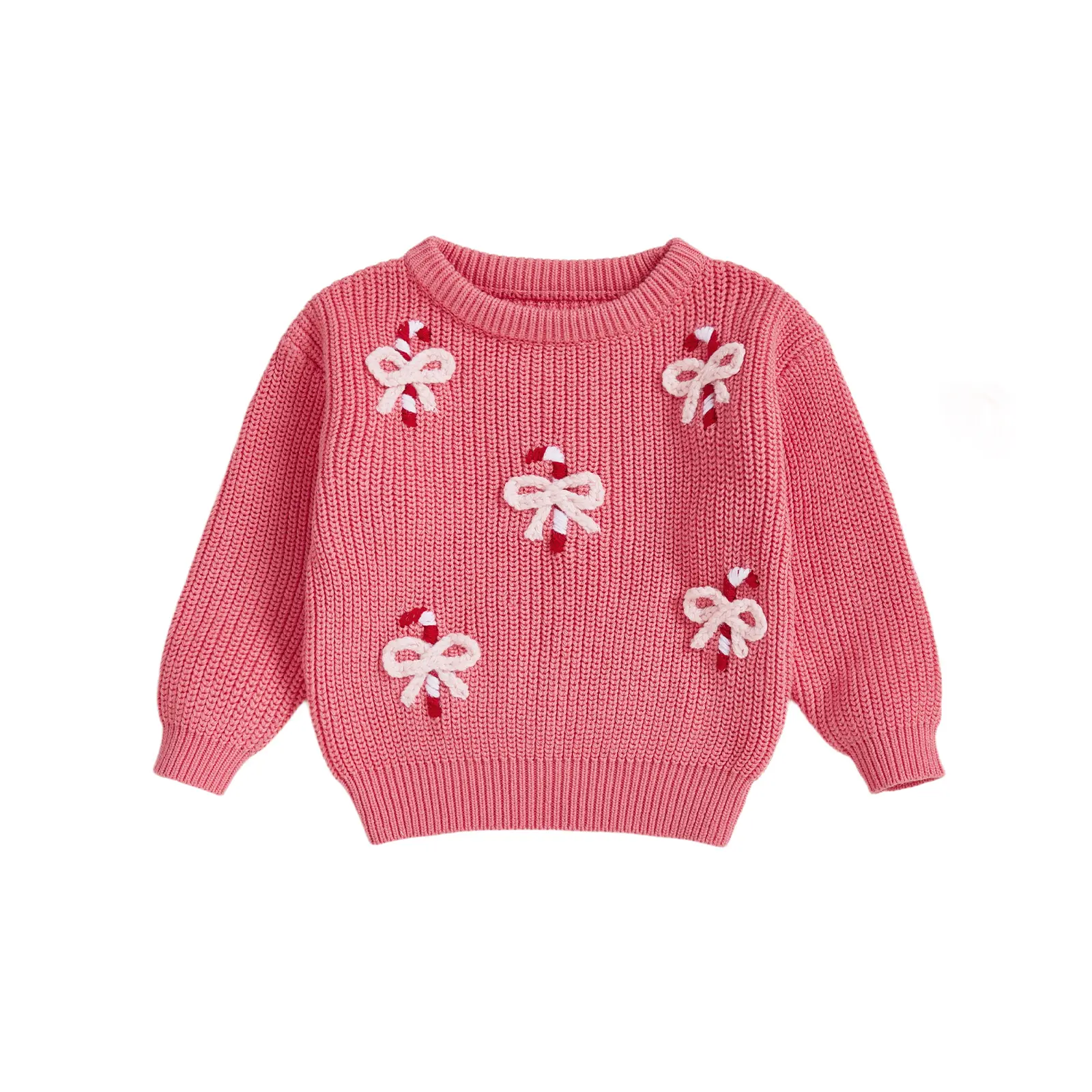 Kupretty Kids Baby Girls' Long-Sleeve Christmas Pullover Sweater - Bow, Candy Cane Embroidery, Casual Knit Jumper for Photography, Church, Outdoor Use, Pullovers, Long Sleeves, Casual Wear, Knitted Fabric, Indoor, Warmth