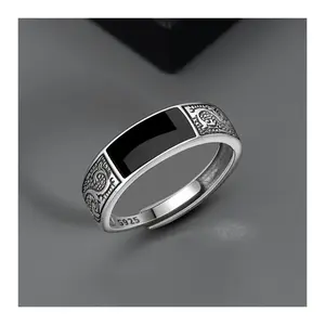 925 Sterling Silver Black Rectangle Retro Dragon Pattern Ring for Men - Adjustable Open Design