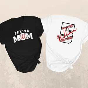 Custom senior baseball mom shirt with personalized name and number, high school sports team fan tshirt, soft cotton short sleeve tee for game day, unique graduation year jersey style t-shirt for women and supportive parents
