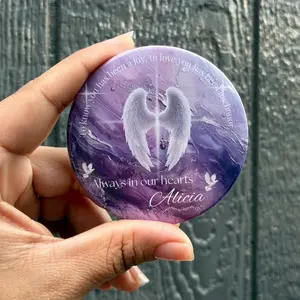 Personalized Purple and White Memorial Button with Angel Wings Customizable
