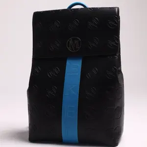 Mekel Backpack - Black with Blue Accent and Logo Patterned Design