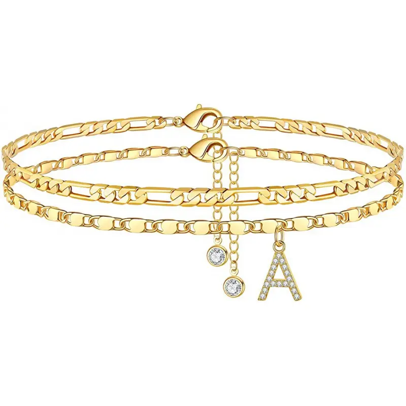 DDSC 14K Gold Plated Exquisite Layered Figaro DDJL0010 Chain Initial Anklet Set Summer Gift
