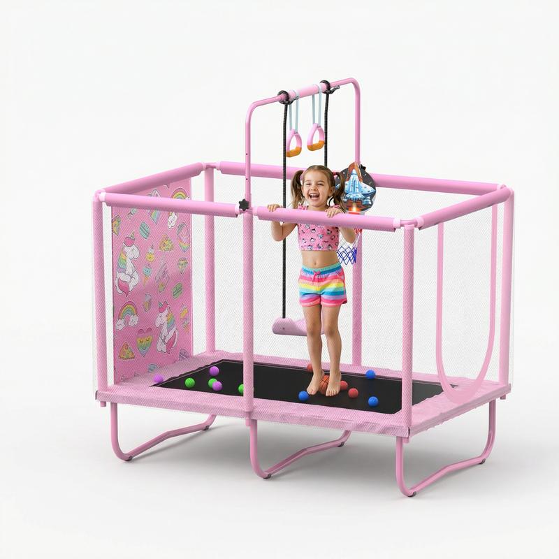 Skybound Rectangle Trampoline for Kids with Basketball Hoop, 36*55'' Indoor Outdoor Toddler Trampoline with Enclosure Net, Swing,  Ring, Ocean Balls, Small Trampoline Gift for Boys Girls, Best Gift for Kids