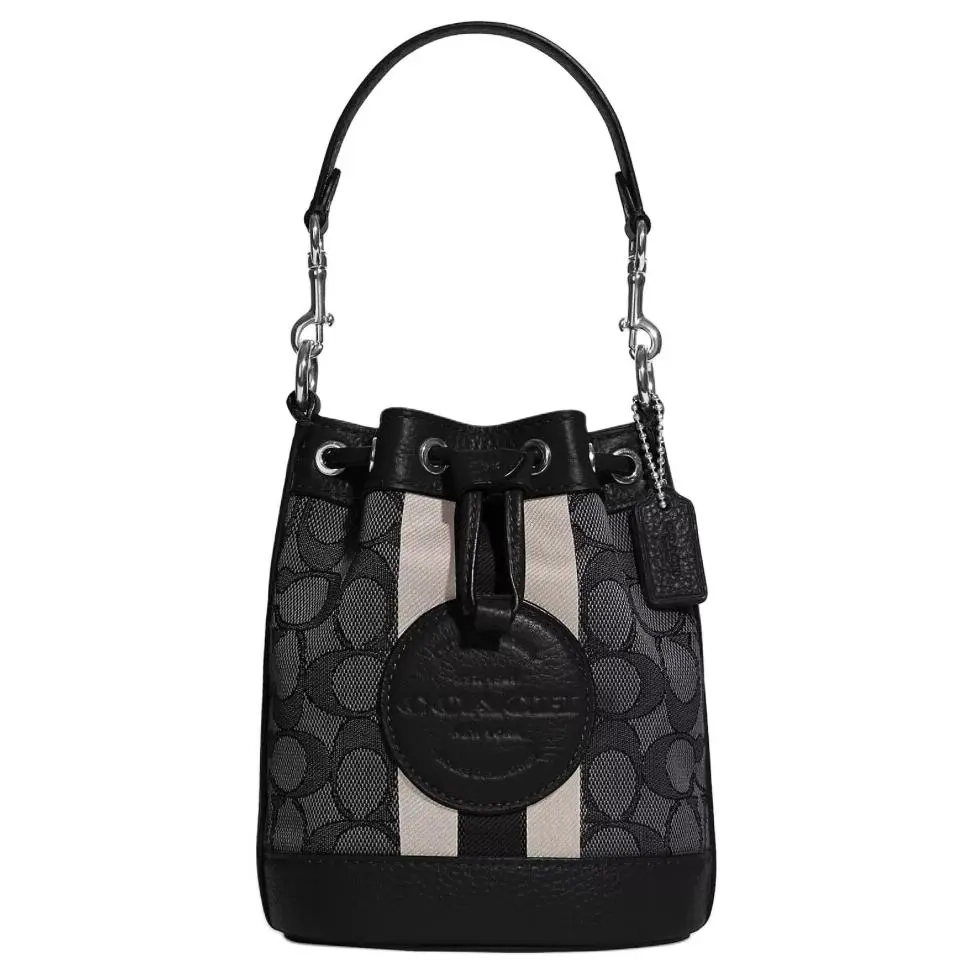 COACH Dempsey Logo Drawstring Tote Bag for Women – Embroidered Fabric and Pebbled Leather, Mini Bucket Style in Black