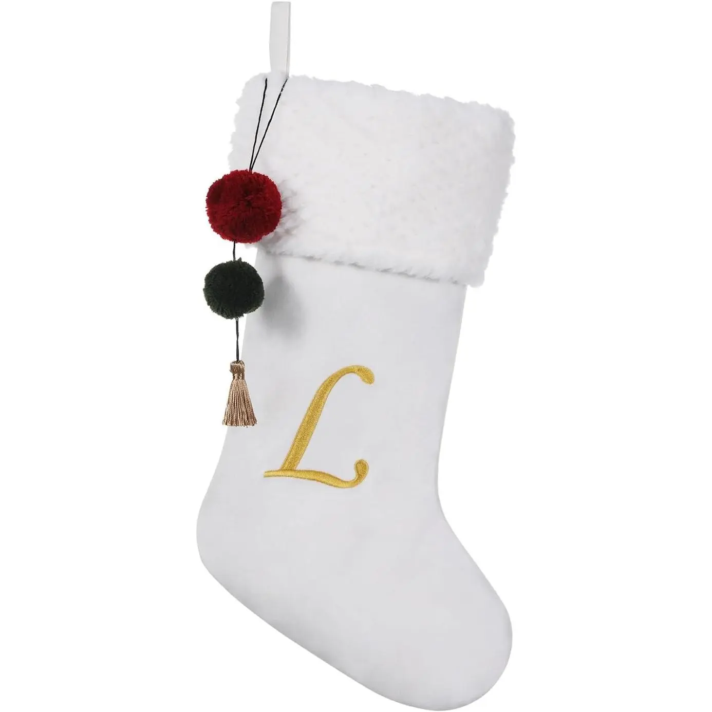 19.5 inches Personalized Velvet Christmas Stocking,Initials Embroidered Letter Christmas Stocking with pom poms, for Fireplace Hanging Decor and Xmas Gift(White L)