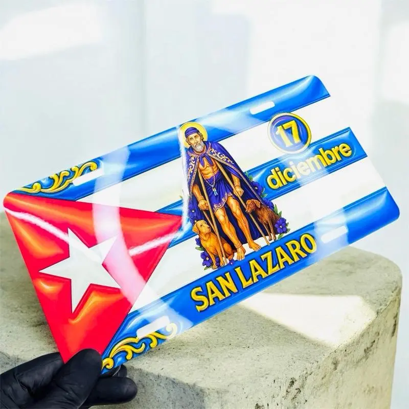 San Lázaro Vinyl Car Front Number Plate Decal, Unisex Design with Cuban Flag Prints, 12x6 in Car Exterior Accessory, Front Plate For Car