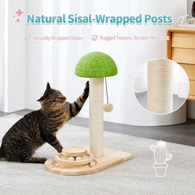 Cute Mushroom Cat Scratching Post, Natural Sisal Cat Scratcher with Hanging Pom-Pom Ball, Cat Activity Toy for Indoor Kittens