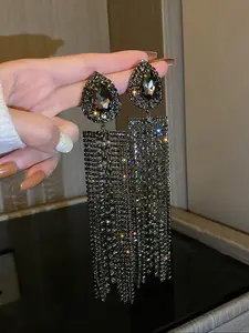 Elegant Water Drop Rhinestone Long Dangle Earrings, Fashion Design Stud Earrings, Unique Crystal Ear Jewelry for Women