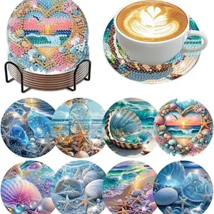 8 pieces/set of diamond art painting coasters with brackets, DIY ocean series patterned diamond art coasters, suitable for adults and beginners as diamond painting kits, diamond kit craft supplies, exquisite gifts for friends