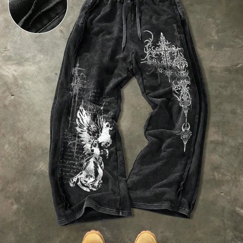 【Black Friday】Men's Washed Cotton Elastic Sweatpants with Side Hem Stitching Design, Gothic Print Pattern, Comfortable Stylish Casual Pants for Daily Wear