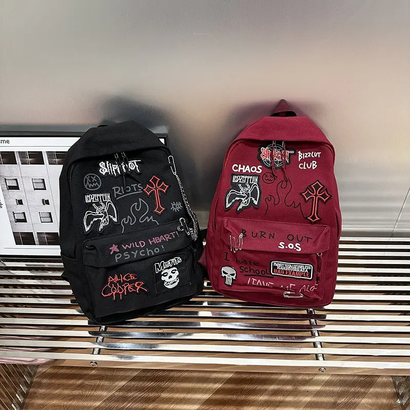 Men's Vintage Hip Hop Patchwork Canvas Backpack - Gothic Cross Skull Embroidered, Large Capacity Streetwear Casual Rucksack