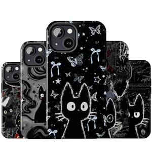 Dark Punk Black Cat Phone Case, Anime Creepy Art Aesthetic For iPhone