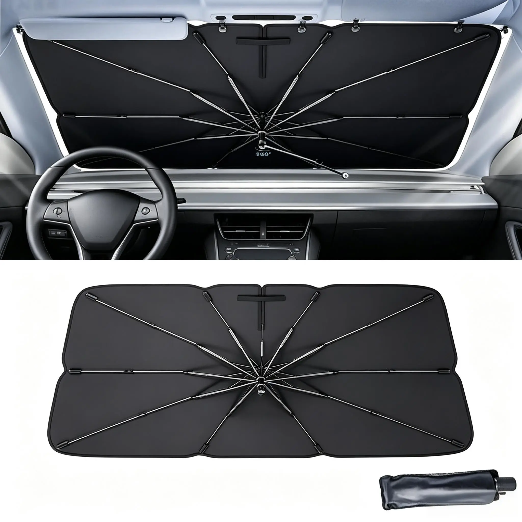 Windshield Sunshade Umbrella -Universal Foldable Car Accessory, Vinyl Reflective Coating Heat Barrier, Portable Anti-UV Front Window Visor, 4-Season Auto Interior Cooling Accessory for Daily Vehicles & International Trucks