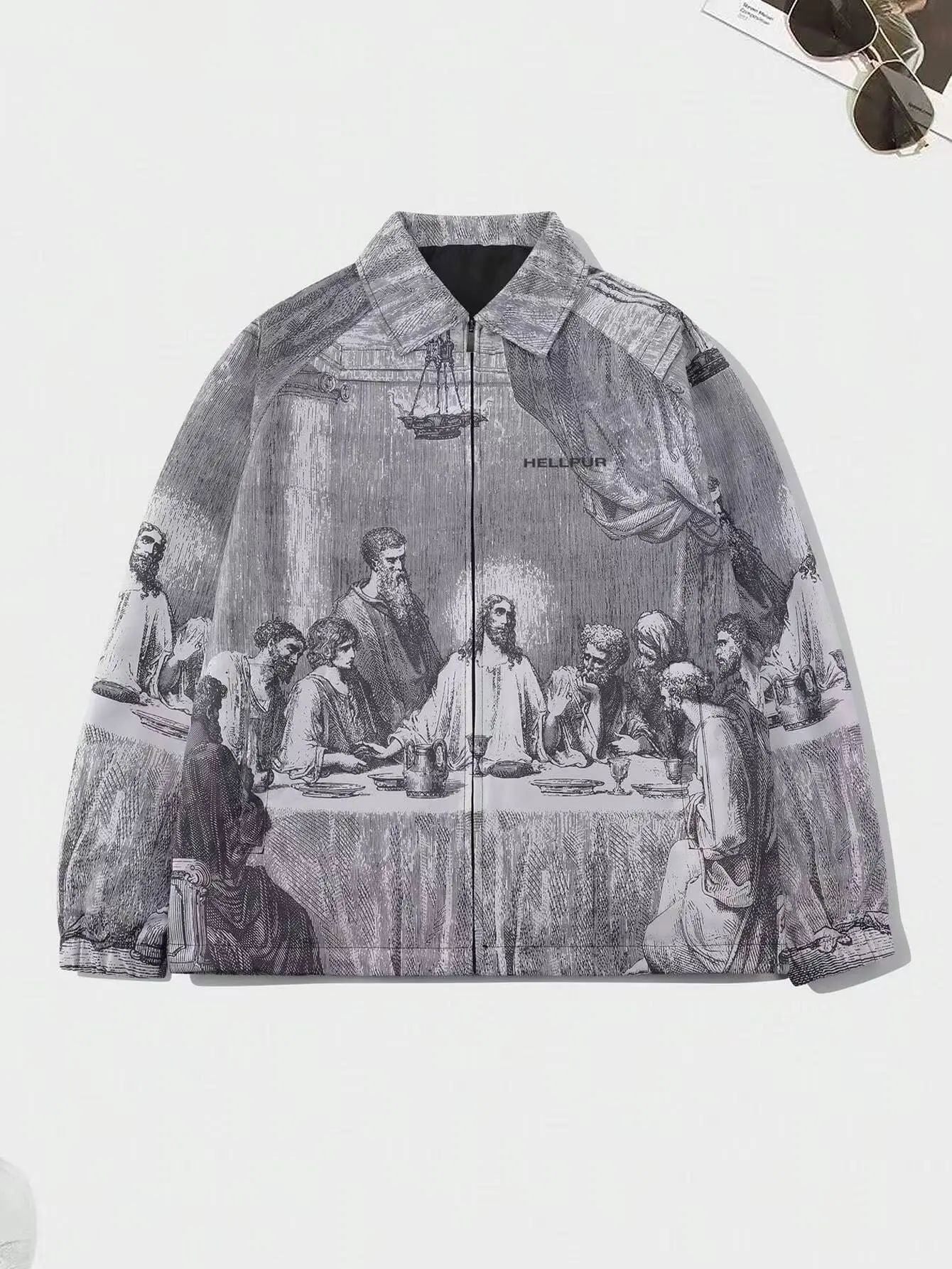Unisex The Last Supper graphic lapel zip up coach jacket – all over print, panoramic sketch art on front and back, letter slogan detailing, smooth woven fabric, elastic cuffs, relaxed dropped shoulder fit, American retro dark high street statement jacket
