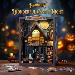 DIY Book Nook Kit - Halloween Witch Castle Spooky 3D Miniature Bookshelf Insert, Wooden Diorama Aesthetic Room Decor & Desk Ornament