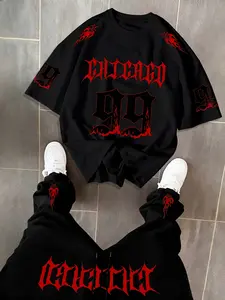 Unisex Chicago 99 Gothic Flame Print Streetwear Set, Flame Pattern T-Shirt & Long Pants, Loose Fit Casual Two-Piece
