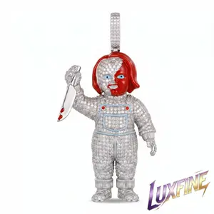 LUXFINE Iced Out Horror Chucky Pendant,Solid Metal with Cubic Zirconia & Enamel, Rose Gold Plated Hip Hop Statement Charm for Men