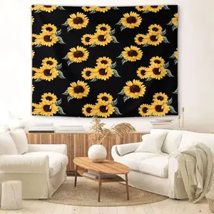 Black Background Sunflower Tapestry, Fashionable Botanical Floral Print Wall Hanging, Aesthetic Nature Inspired Decor for Bedroom, Living Room & Dorm (Multiple Sizes Available)