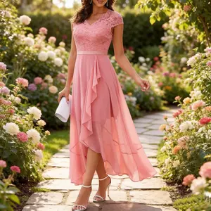 Elegant Women's Vintage Floral Lace Color Chiffon Ruffled Bridesmaid Dress, V-neck Short Sleeved, Perfect for Weddings, Parties, and Dinners
