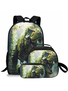 Dinosaur pattern printed 17-inch Backpack for school three-piece set (single-layer backpack + round lunch bag with shoulder strap + single-layer pencil case)