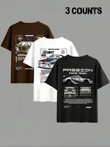 Men's three-piece set, trendy and stylish, featuring racing-inspired elements, letter pattern print, and a round-neck short-sleeved fitted T-shirt, Menswear. Suitable for everyday wear, casual occasions, streetwear, and commuting.
