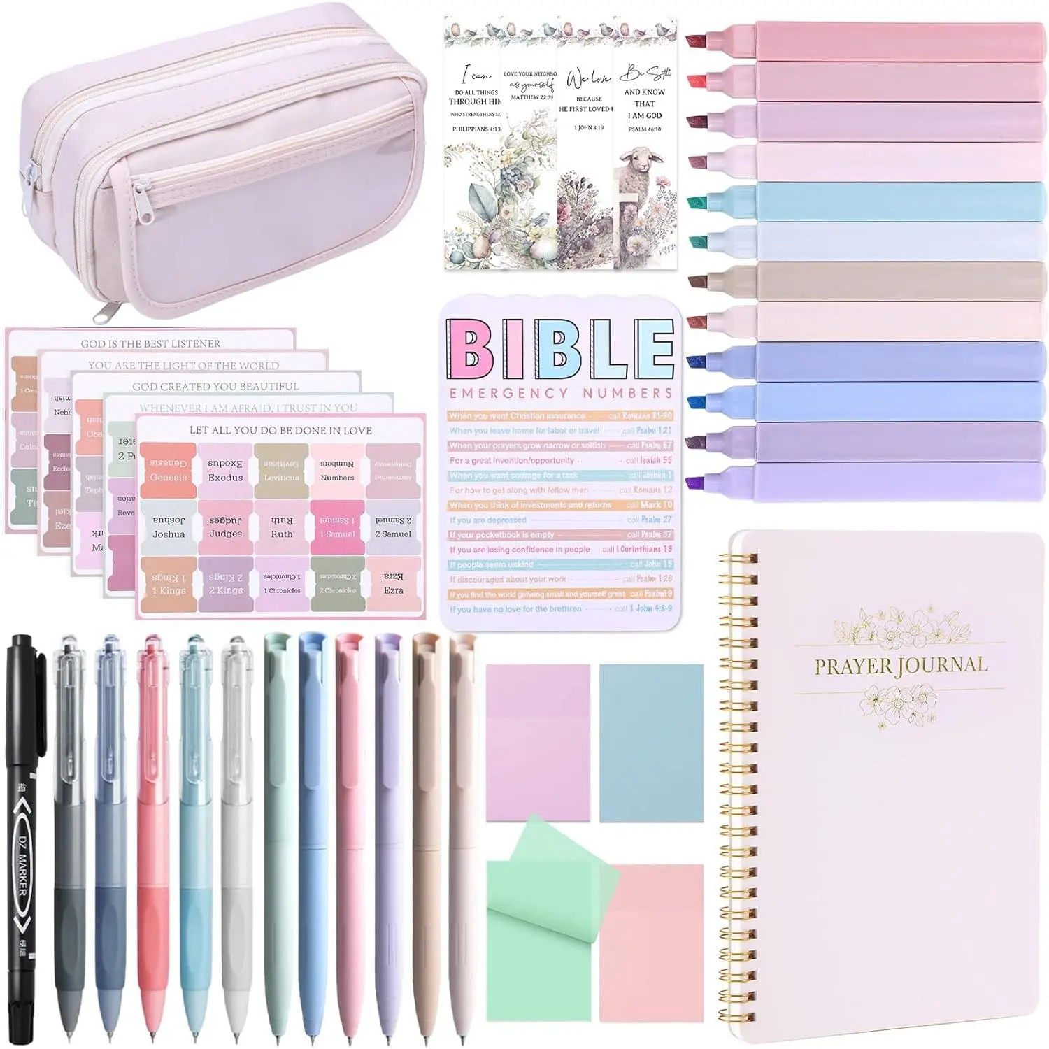 Women's Bible Study Multicolour Home Office Stationery Set - 12 Pastel Highlighters, 12 Smudge-Proof Pens, 75 Laminated Tabs, Prayer Journal, Pen Case, & Other Accessories (Home Organizer Storage Kit)