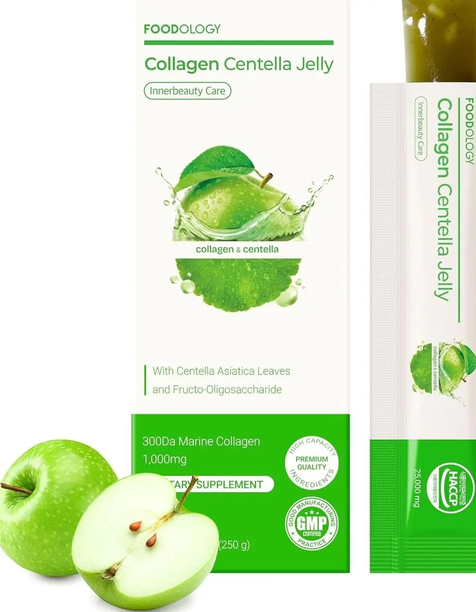 FOODOLOGY Collagen Centella Jelly (Green Apple) – Collagen Peptide with PDRN – Biotin, Vitamin A & E for Skin Glow, Hair & Nails – Korean Beauty Supplement – 10 Sticks