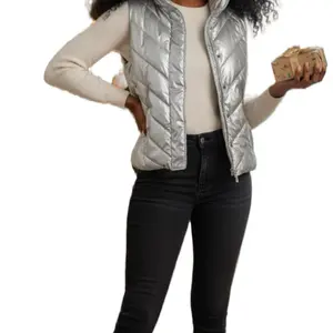 Talbots Metallic Silver Puffer Vest with High Collar Full-Zip Closure for Women's Fashion
