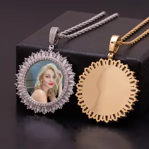 Custom Hip Hop Gold Iced Out Round Photo Frames Charm Memory Picture Necklace Pendant Jewelry