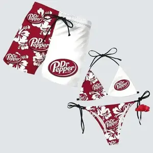 Dr Pepper Floral Matching Couples Swimwear Set with Iconic Beverage Graphics Adjustable Womens Tie Side Thong Bikini & Mens Beach Swim Shorts Hawaiian Style Summer Vacation Beachwear