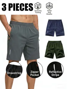 Men’s lightweight quick-dry 3-pack shorts—thin, stylish, casual running and gym wear with side reflective stripes—suitable for fitness, basketball training, soccer training, running, and cycling.
