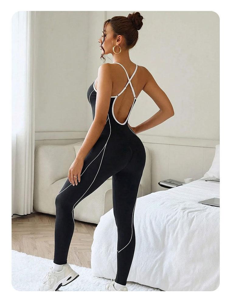Strappy backless color-block yoga jumpsuit seamless peach butt running sports jumpsuit yoga beautiful back