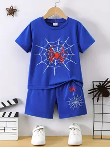 Summer Boy Spider-Man Short Sleeve Shorts Set, Children Blue Printed T-Shirt Shorts, Casual Loose Fit, All over Print, Kid