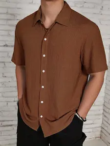 Men's Textured Button Front Shirt, Casual Classic Regular Fit Short Sleeve Collared Top for Summer, Summer Leisure Top 2024, National Day Clothing, Men's Clothes for Daily Wear