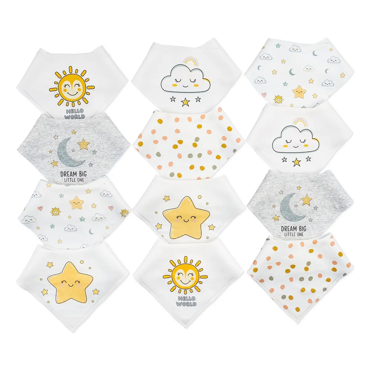 12-Pack Cartoon Baby Bibs for Boys & Girls, Adjustable Snap Feeding Drool Bibs, Soft Cotton Triangle Bandana Bibs for All Seasons, Newborn & Toddler Essentials